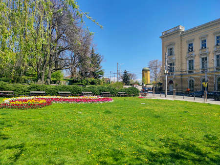 SOFIA, BULGARIA - APRIL 24, 2020: Building and Golden Domes of Russian church in Sofia, Bulgariaのeditorial素材
