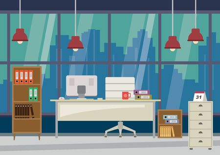 Flat design modern office and skyscrapers at background - vector illustrationのイラスト素材
