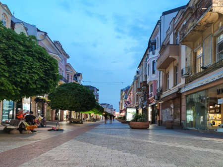 PLOVDIV, BULGARIA - MAY 18, 2020: Night view of central pedestrian street Knyaz Alexander I in city of Plovdiv, Bulgariaのeditorial素材
