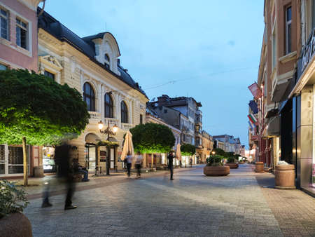 PLOVDIV, BULGARIA - MAY 18, 2020: Night view of central pedestrian street Knyaz Alexander I in city of Plovdiv, Bulgariaのeditorial素材