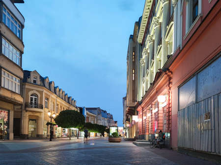 PLOVDIV, BULGARIA - MAY 18, 2020: Night view of central pedestrian street Knyaz Alexander I in city of Plovdiv, Bulgariaのeditorial素材