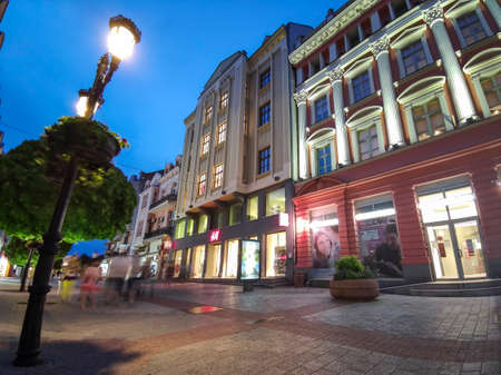 PLOVDIV, BULGARIA - MAY 18, 2020: Night view of central pedestrian street Knyaz Alexander I in city of Plovdiv, Bulgariaのeditorial素材