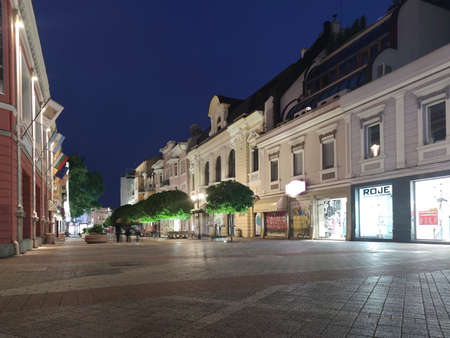 PLOVDIV, BULGARIA - MAY 18, 2020: Night view of central pedestrian street Knyaz Alexander I in city of Plovdiv, Bulgariaのeditorial素材