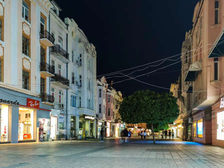 PLOVDIV, BULGARIA - MAY 18, 2020: Night view of central pedestrian street Knyaz Alexander I in city of Plovdiv, Bulgariaのeditorial素材