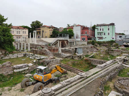 PLOVDIV, BULGARIA - MAY 19, 2020: Ruins of Roman Odeon in city of Plovdiv, Bulgaria
