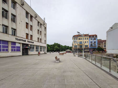 PLOVDIV, BULGARIA - MAY 19, 2020: Central square in city of Plovdiv, Bulgaria