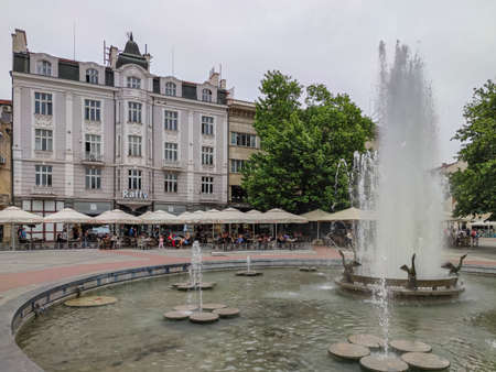 PLOVDIV, BULGARIA - MAY 19, 2020: Central pedestrian street Knyaz Alexander I in city of Plovdiv, Bulgariaのeditorial素材