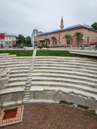 PLOVDIV, BULGARIA - MAY 19, 2020: Dzhumaya Mosque and Ruins of Roman stadium in city of Plovdiv, Bulgariaのeditorial素材