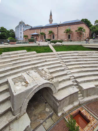 PLOVDIV, BULGARIA - MAY 19, 2020: Dzhumaya Mosque and Ruins of Roman stadium in city of Plovdiv, Bulgariaのeditorial素材