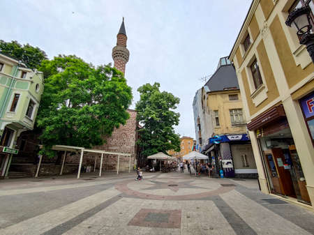 PLOVDIV, BULGARIA - MAY 19, 2020: Typical Street and houses at  pedestrian street of city of Plovdiv, Bulgariaのeditorial素材