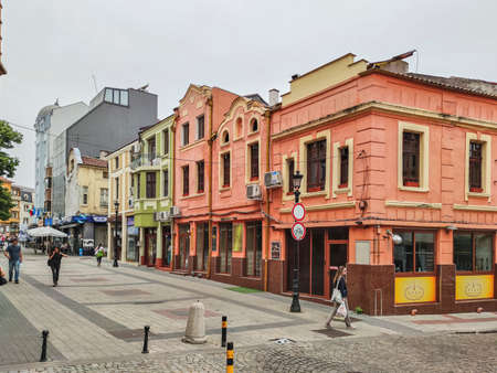 PLOVDIV, BULGARIA - MAY 19, 2020: Typical Street and houses at  pedestrian street of city of Plovdiv, Bulgariaのeditorial素材