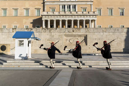 ATHENS, GREECE - JANUARY 19 2017:  Evzones - presidential ceremonial guards in the Tomb of the...