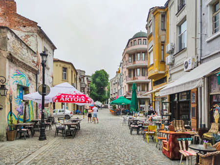 PLOVDIV, BULGARIA - MAY 19, 2020: Typical Street and houses at  pedestrian street of city of Plovdiv, Bulgariaのeditorial素材