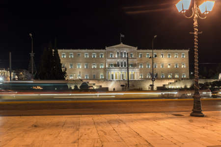 ATHENS, GREECE - JANUARY 19, 2017: Night photo of Syntagma square and The Greek parliament in...
