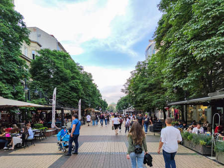 SOFIA, BULGARIA -JUNE 25, 2020: Walking people on Boulevard Vitosha in city of Sofia, Bulgariaのeditorial素材