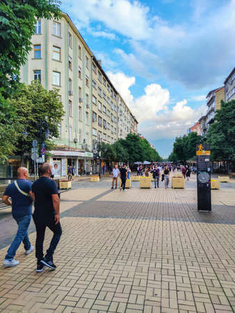 SOFIA, BULGARIA -JUNE 25, 2020: Walking people on Boulevard Vitosha in city of Sofia, Bulgaria