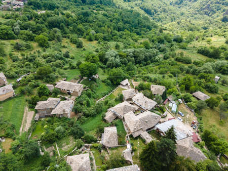 Aerial view of Village of Kovachevitsa with Authentic nineteenth century houses, Blagoevgrad Region,...
