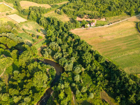 Aerial view of Strumeshnitsa river passing through the Petrich valley, Bulgaria