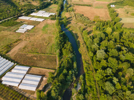 Aerial view of Strumeshnitsa river passing through the Petrich valley, Bulgaria