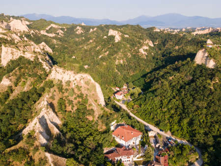 Aerial view of historical town of Melnik, Blagoevgrad region, Bulgariaの写真素材