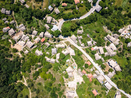 Aerial view of Village of Leshten with Authentic nineteenth century houses, Blagoevgrad Region,...