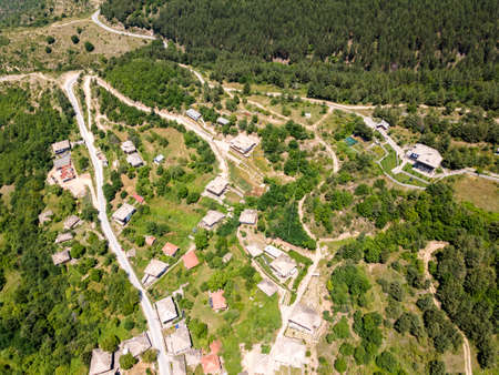 Aerial view of Village of Leshten with Authentic nineteenth century houses, Blagoevgrad Region,...
