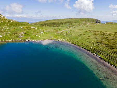Aerial view of The Kidney lake at The Seven Rila Lakes, Rila Mountain, Bulgariaの写真素材