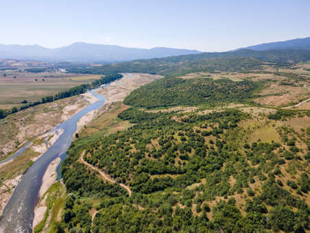 Aerial view of Struma river passing through the Petrich valley, Bulgariaの写真素材