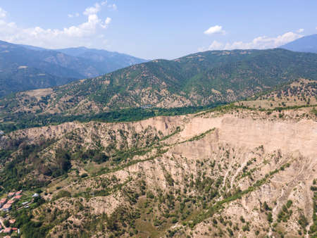 Aerial view of Kresna sand pyramids, Blagoevgrad region, Bulgaria