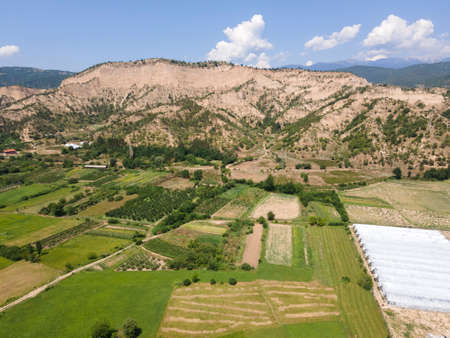Aerial view of Kresna sand pyramids, Blagoevgrad region, Bulgaria