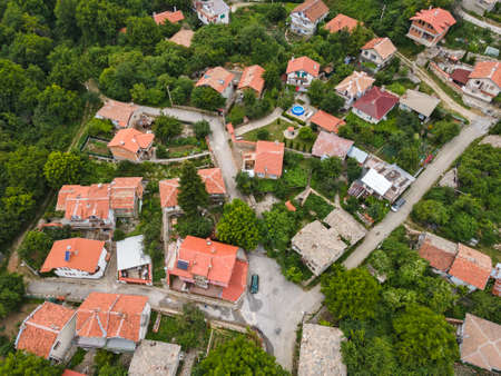 Aerial sunset view of village of Lyaskovo with Authentic nineteenth century houses, Plovdiv Region,...