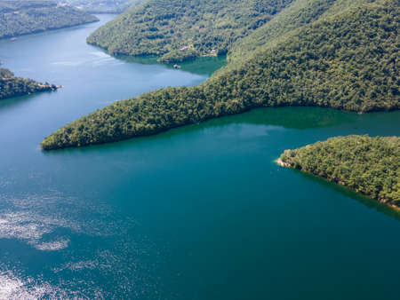 Aerial view of The Vacha (Antonivanovtsi) Reservoir, Rhodope Mountains, Plovdiv Region, Bulgaria