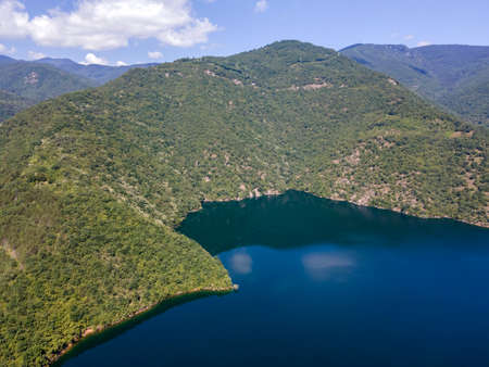Aerial view of The Vacha (Antonivanovtsi) Reservoir, Rhodope Mountains, Plovdiv Region, Bulgariaの写真素材