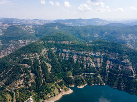 Aerial view of Arda River meanders and Kardzhali Reservoir, Bulgariaの写真素材