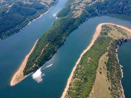 Aerial view of Arda River meanders and Kardzhali Reservoir, Bulgariaの写真素材