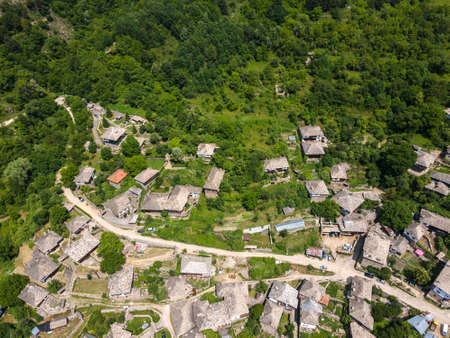 Aerial view of Village of Kovachevitsa with Authentic nineteenth century houses, Blagoevgrad Region, Bulgariaの写真素材