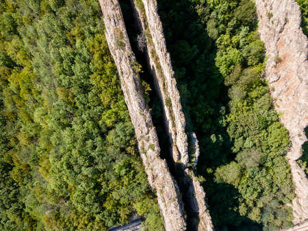 Aerial view of rock formations Ritlite at Iskar River Gorge, Balkan Mountains, Bulgariaの写真素材