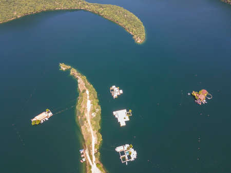 Aerial view of The Vacha (Antonivanovtsi) Reservoir, Rhodope Mountains, Plovdiv Region, Bulgariaの写真素材