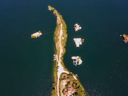 Aerial view of The Vacha (Antonivanovtsi) Reservoir, Rhodope Mountains, Plovdiv Region, Bulgaria