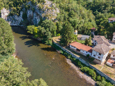 Aerial view of Medieval Cherepish Monastery of The Assumption and Iskar River Gorge, Vratsa region, Bulgariaのeditorial素材