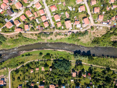Aerial view of village of Tserovo , Balkan Mountains, Bulgariaの写真素材