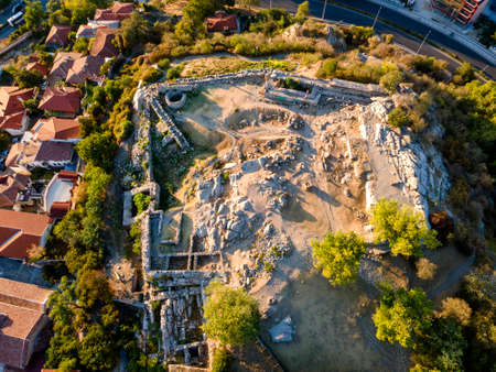 Aerial sunset view of The old town of city of Plovdiv, Bulgaria