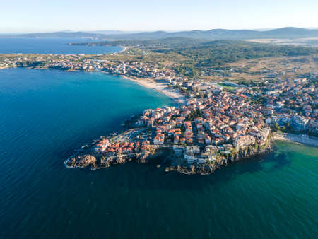 Aerial sunset view of old town of Sozopol, Burgas Region, Bulgariaの写真素材