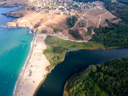 Aerial view of beach at the mouth of the Veleka River, Sinemorets village, Burgas Region, Bulgariaの写真素材