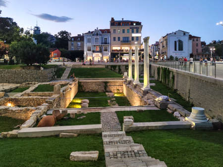 PLOVDIV, BULGARIA - SEPTEMBER 4, 2020: Sunset view of Central square of city of Plovdiv, Bulgariaのeditorial素材