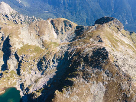 Aerial view of Elenino lake near Malyovitsa peak, Rila Mountain, Bulgariaの写真素材