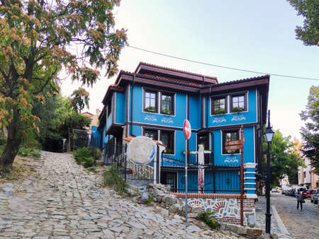 PLOVDIV, BULGARIA - SEPTEMBER 4, 2020: Street and Nineteenth Century Houses in architectural and historical reserve The old town in city of Plovdiv, Bulgariaのeditorial素材