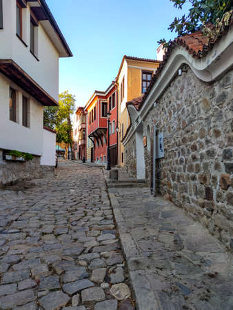 PLOVDIV, BULGARIA - SEPTEMBER 4, 2020: Street and Nineteenth Century Houses in architectural and historical reserve The old town in city of Plovdiv, Bulgariaのeditorial素材
