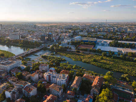 Aerial sunset view of City of Plovdiv, Bulgariaの写真素材