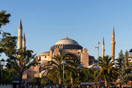 ISTANBUL, TURKEY - JULY 27, 2019: Sunset view of Hagia Sophia Museum in city of Istanbul, Turkey